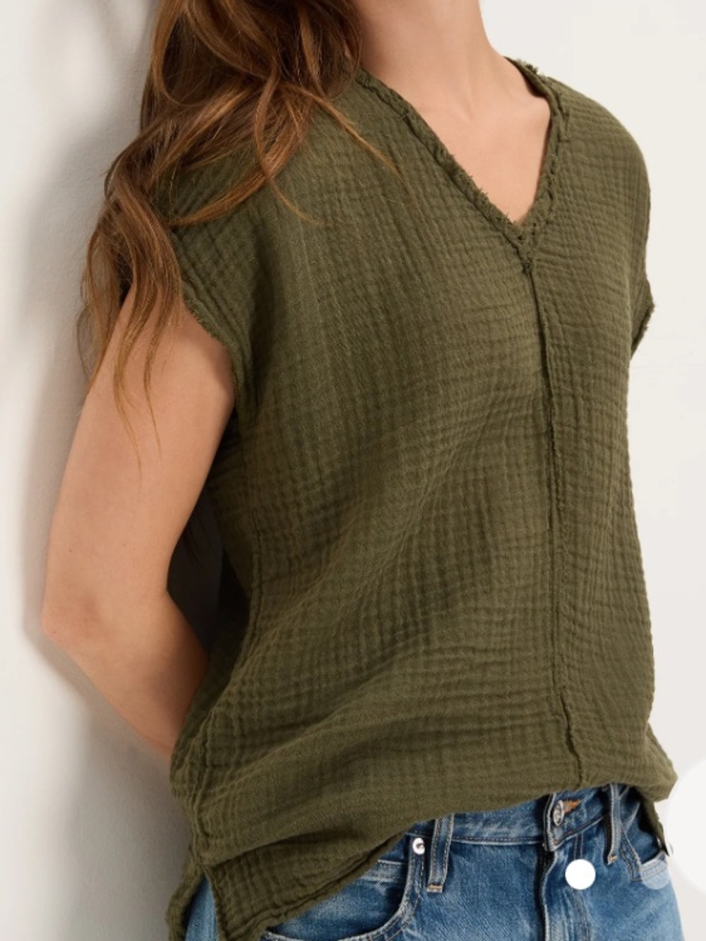 NWT Michael Stars Draya V-Neck Cotton Double Gauze Top Olive Size Medium - Picture 3 of 10